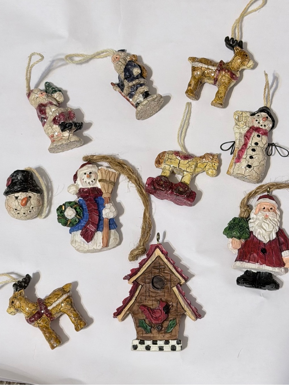 Hand-Painted Holiday Ornament Set - Rustic Red, Gold, White birdhouse Santa snow